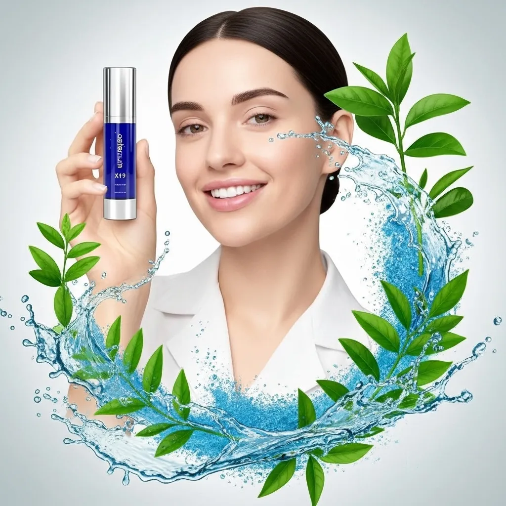 Smiling woman holding and pointing to Aeternum X19 anti-aging skin serum in a professional setting