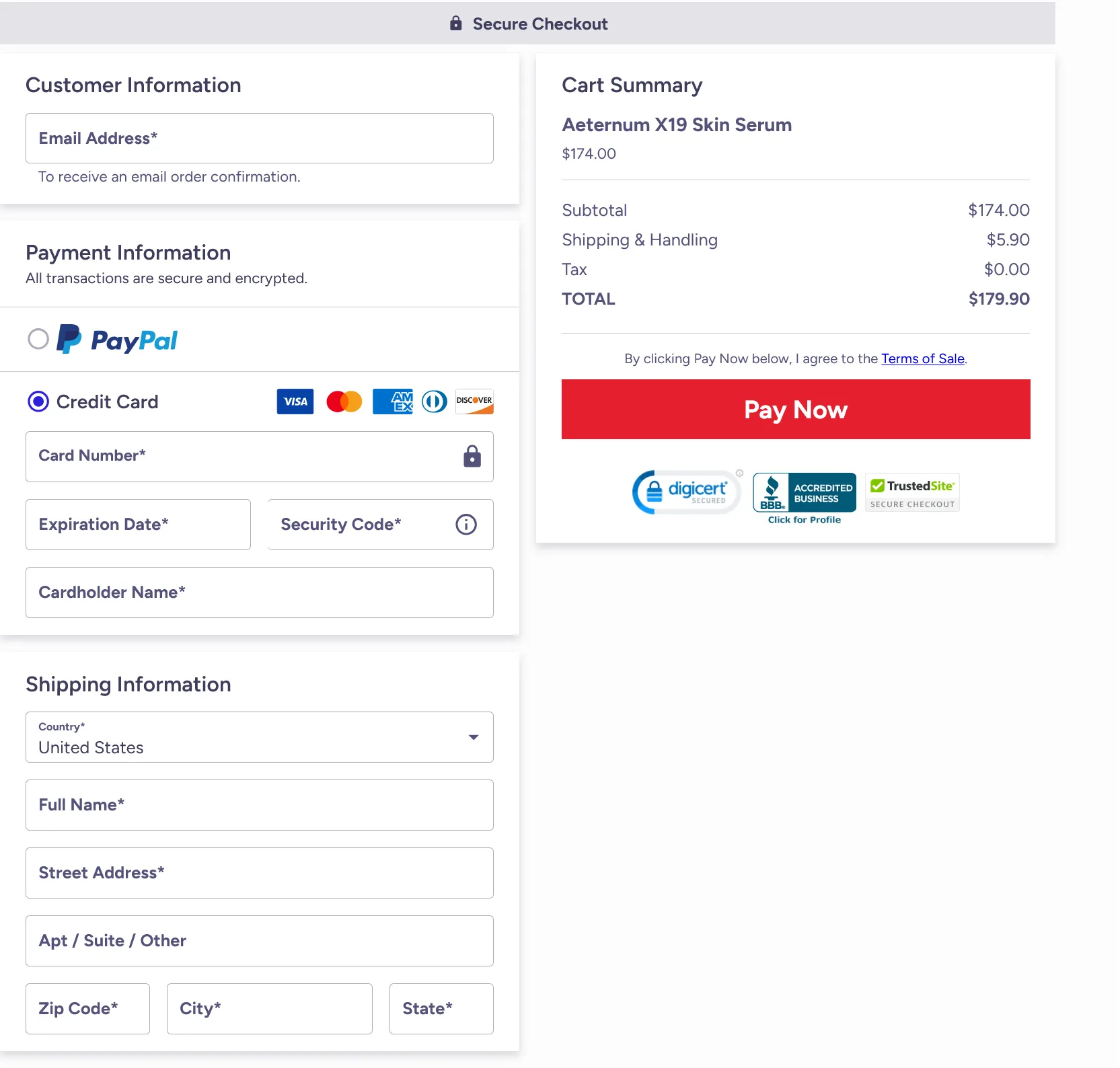 Aeternum X19 secure checkout page showing 180-day money back guarantee and Trustpilot ratings.
