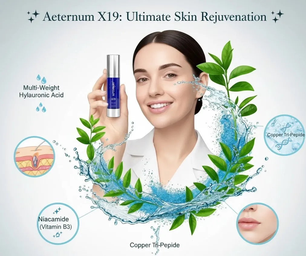 Aeternum X19 ingredients showing hyaluronic acid, copper peptide, and niacinamide