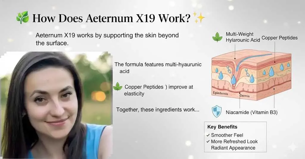 How Does Work, image - Aeternum X19 skin serum bottle shown with woman highlighting anti-aging skincare product